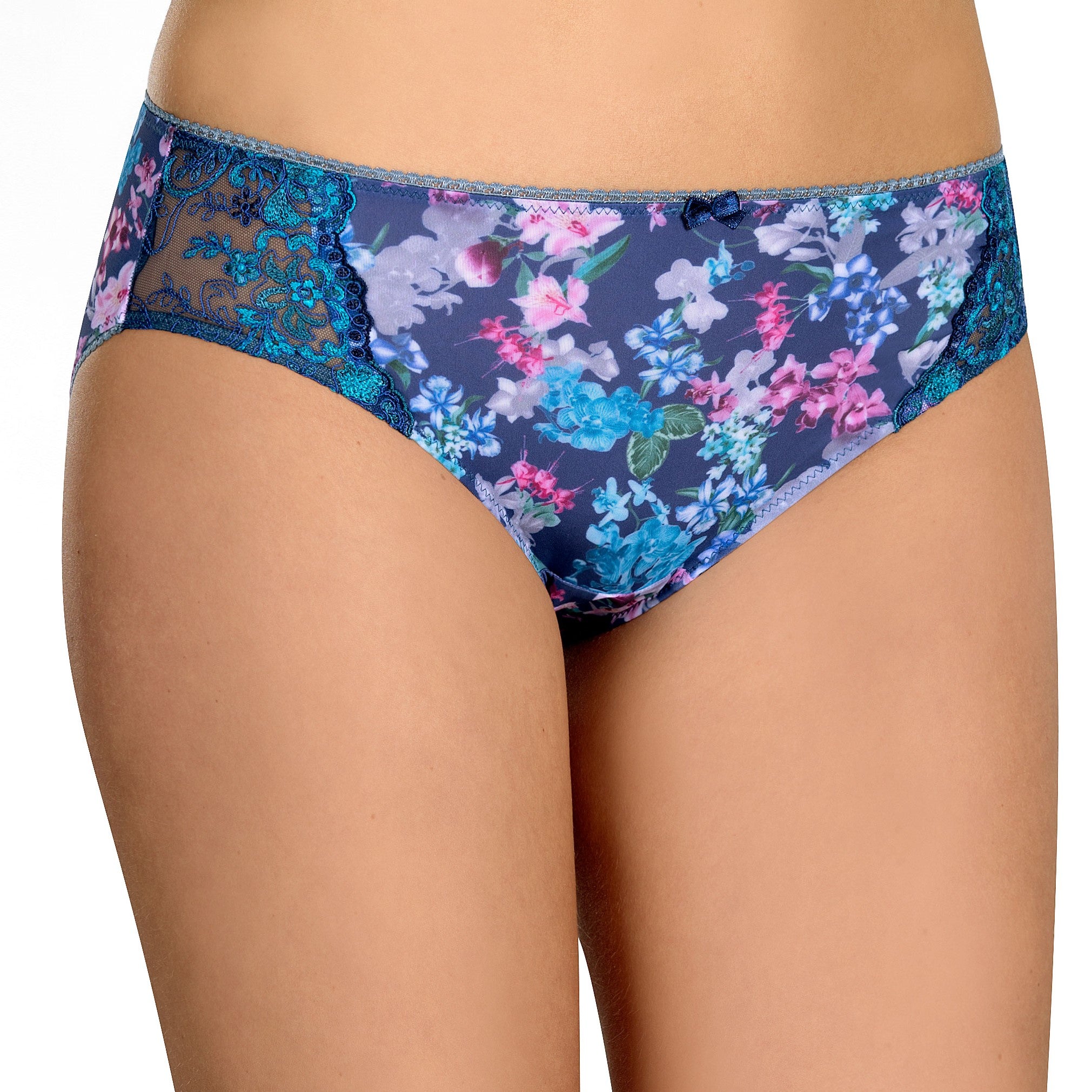 Blue women's cartoon panties with a cute flower print. Trendy