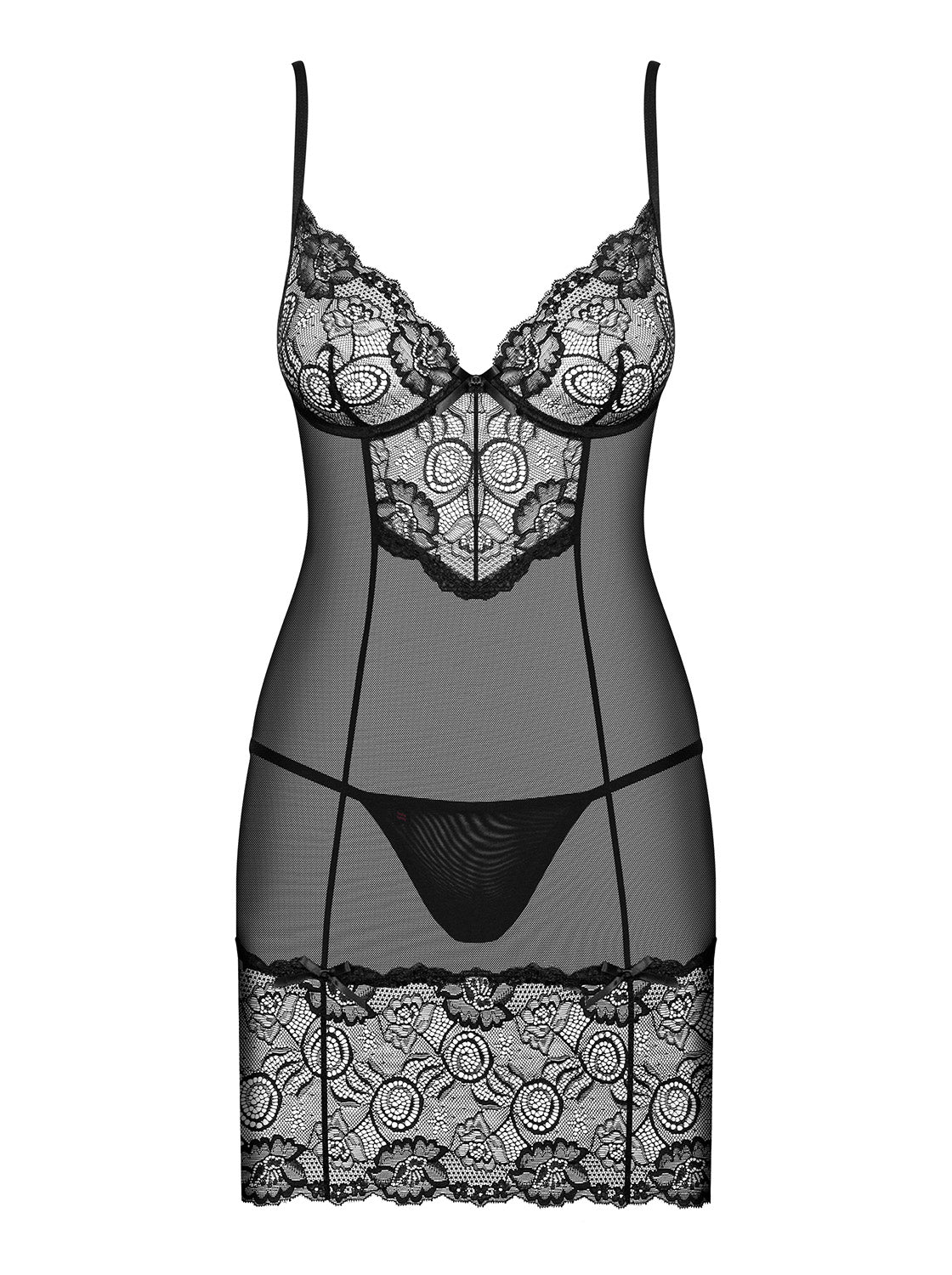 Alluria Enchanting Lace Chemise and Thong Set Black