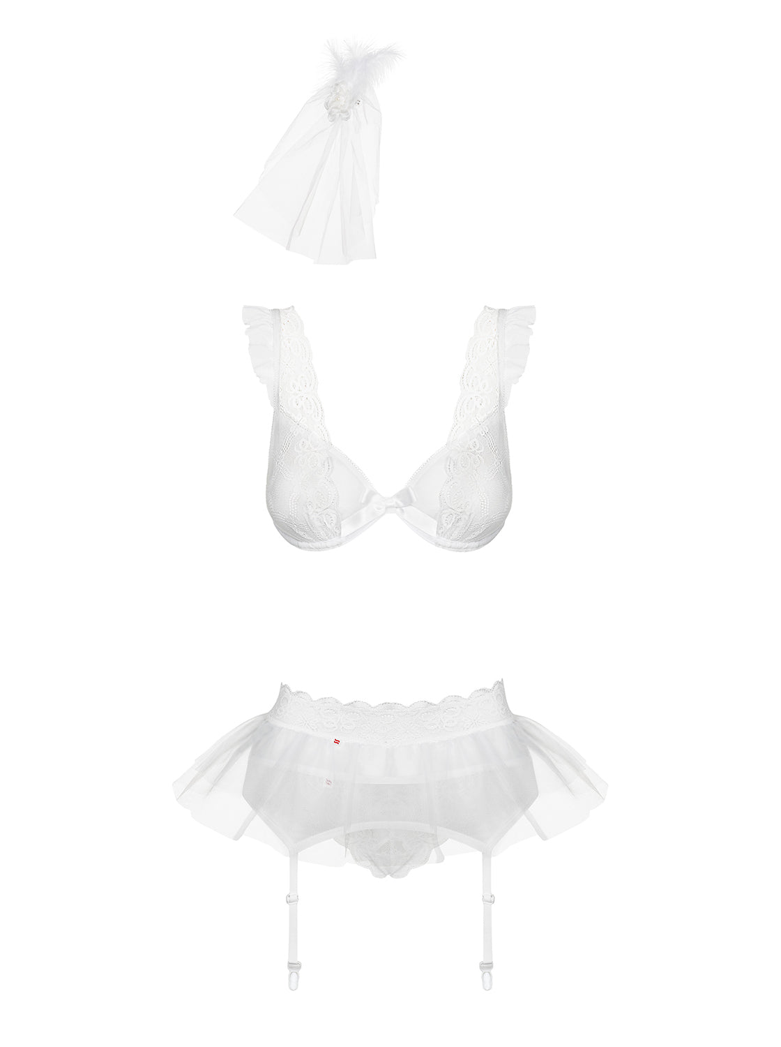 Julitta White Set: Bra, Veil, Garter Belt and Thong