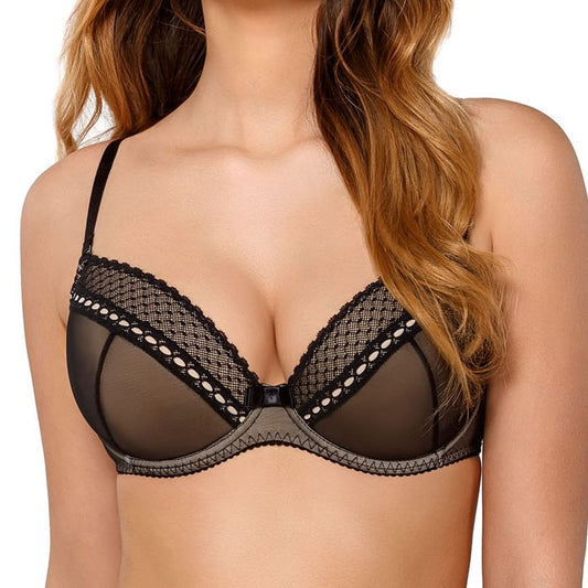 Feisty Sheer Mesh Beige Black Push Up Bra